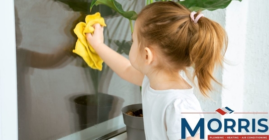 little girl cleans window